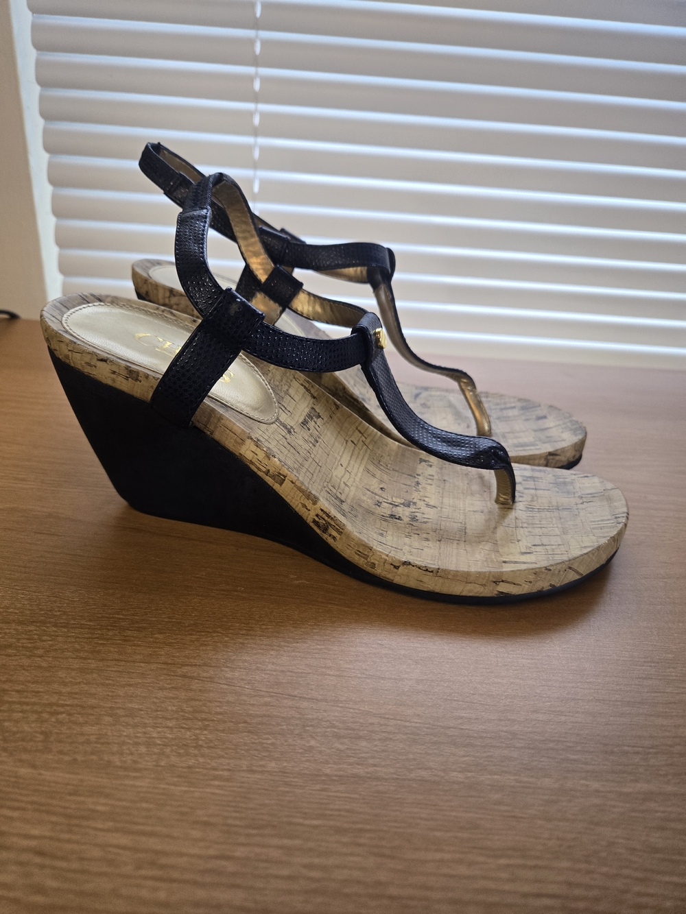 Chaps Black Cork-Effect Wedge Thong Sandals